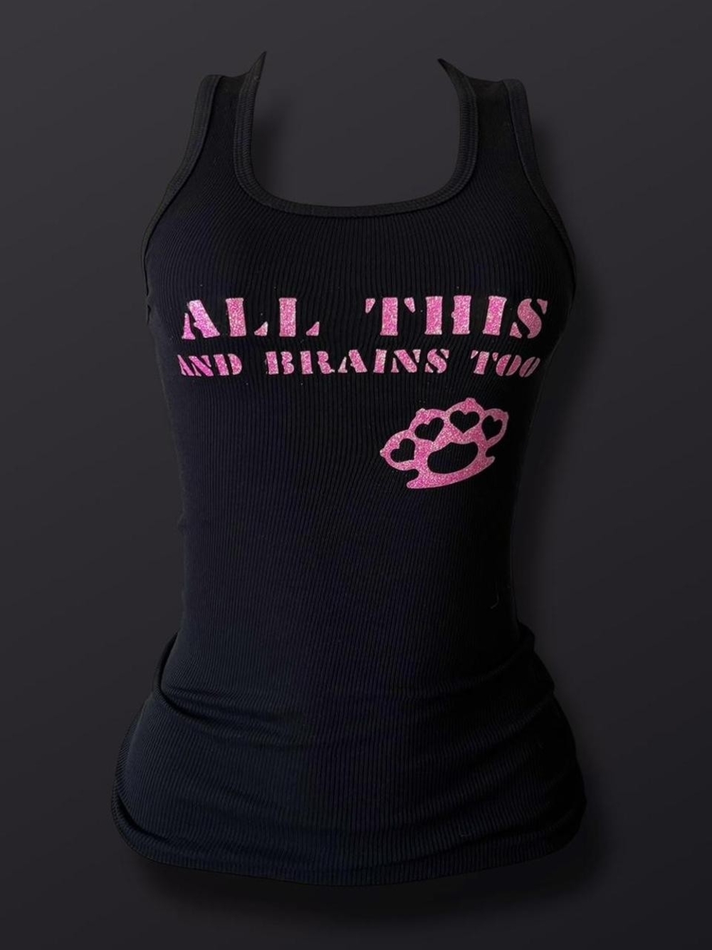 Black Ribbed Tank Top with Pink Slogan